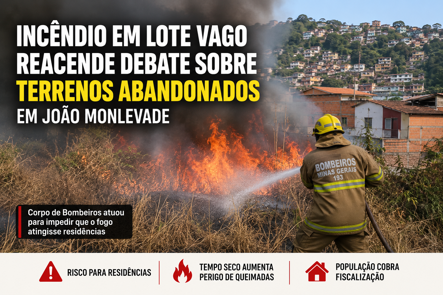 Bombeiro combate incêndio em lote vago próximo a residências durante ocorrência em João Monlevade.