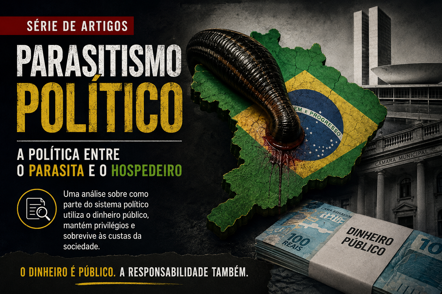 Ilustração representando o conceito de parasitismo político, utilizada na série de artigos de opinião do O Fato sobre democracia, gestão pública e uso dos recursos públicos.