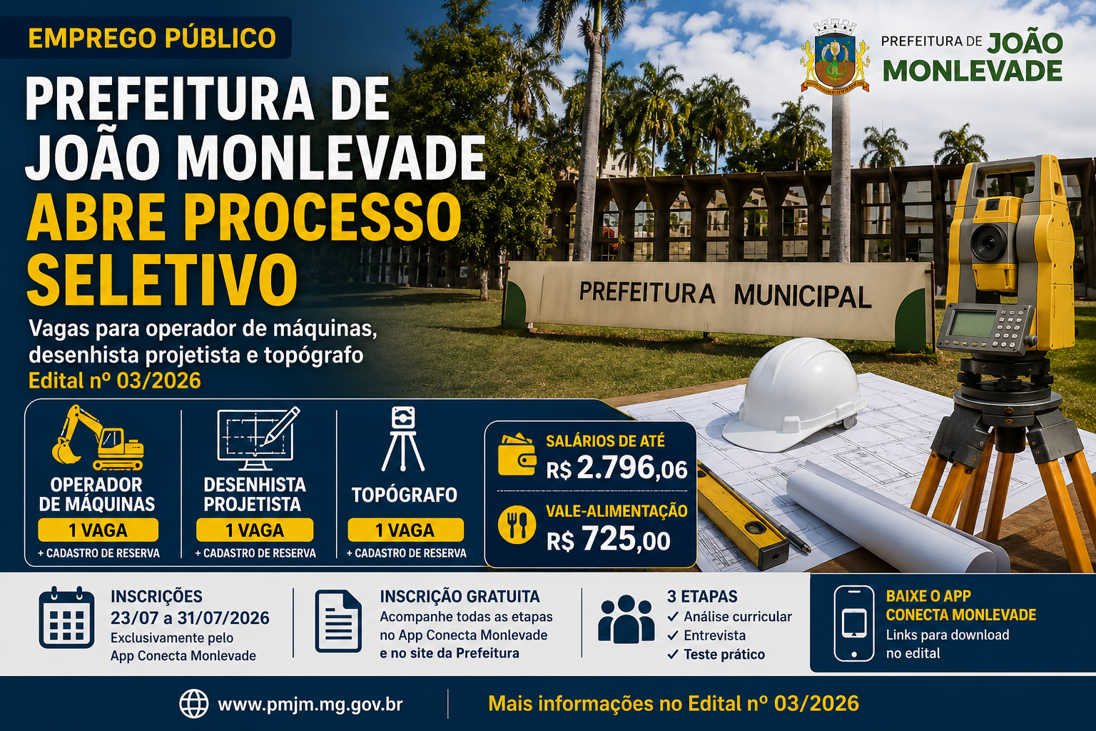 Arte do O Fato News sobre o processo seletivo da Prefeitura de João Monlevade com vagas para operador de máquinas, desenhista projetista e topógrafo.