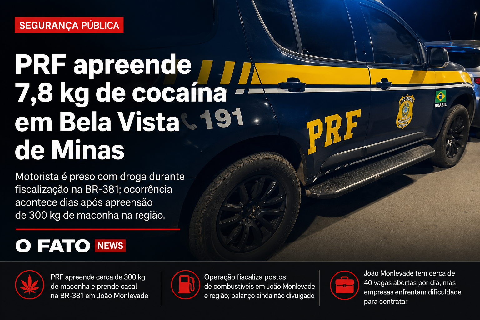 Viatura da Polícia Rodoviária Federal (PRF) utilizada em fiscalização na BR-381 durante operação que resultou na apreensão de drogas em Bela Vista de Minas.