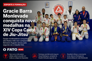 Atletas da Gracie Barra João Monlevade exibem medalhas conquistadas na XIV Copa Caeté de Jiu-Jitsu.