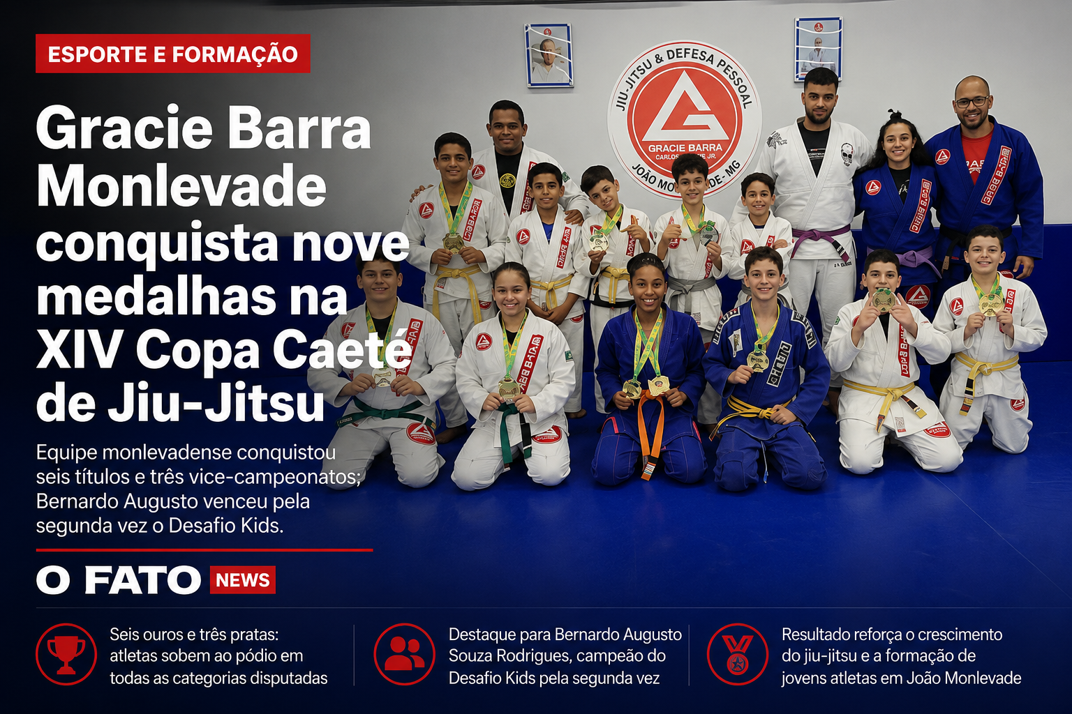 Atletas da Gracie Barra João Monlevade exibem medalhas conquistadas na XIV Copa Caeté de Jiu-Jitsu.