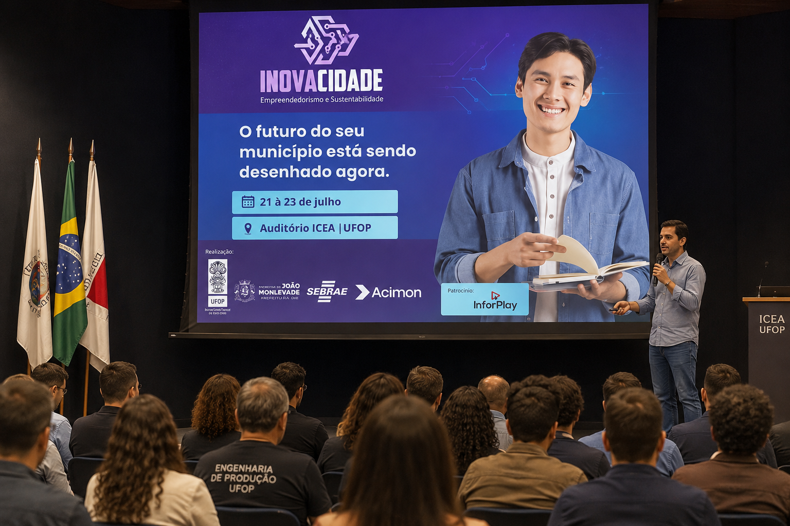 Participantes acompanham apresentações do InovaCidade, evento promovido pela UFOP, ACIMON, Sebrae e Prefeitura de João Monlevade para incentivar inovação e empreendedorismo