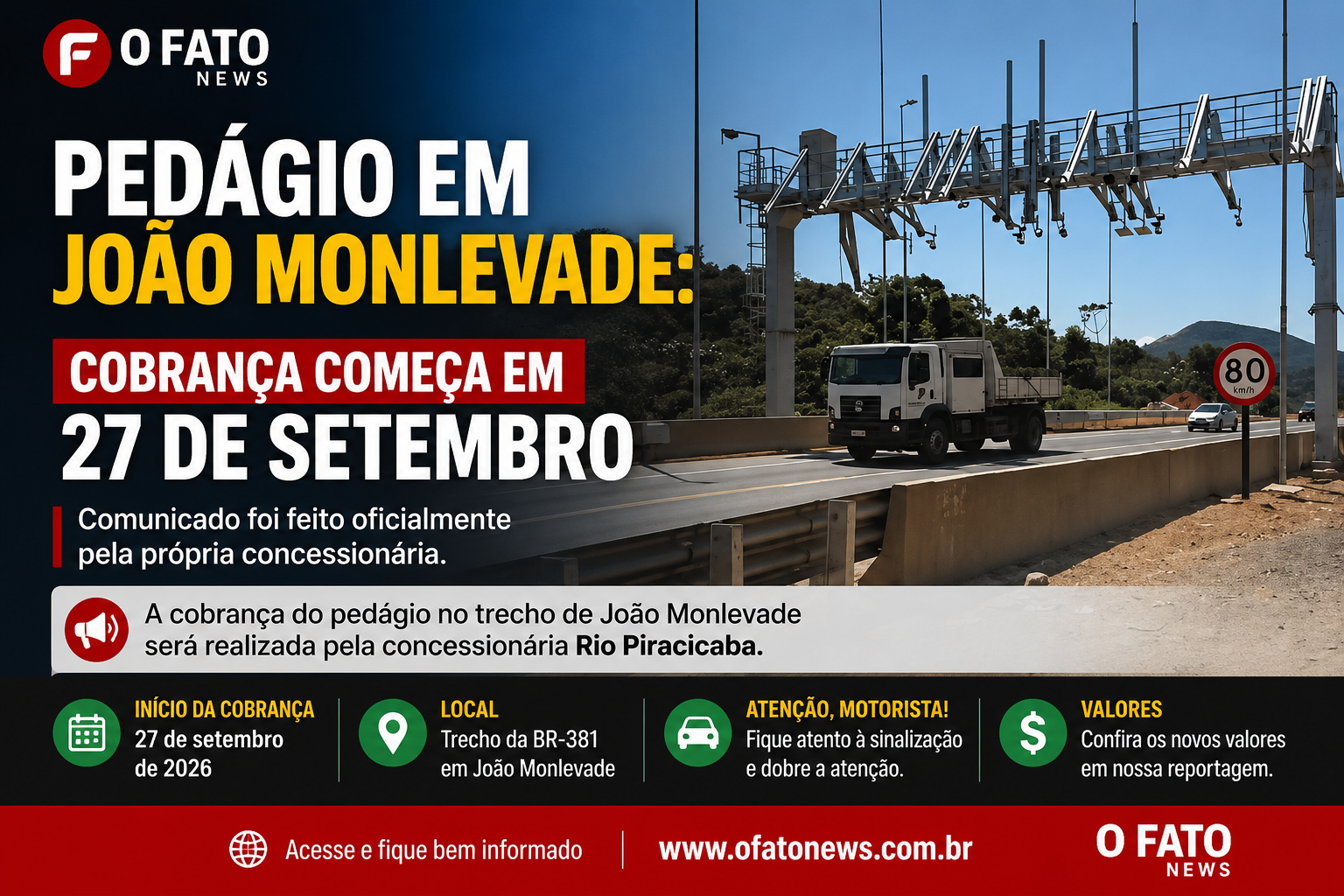 Pórtico do pedágio da BR-381 em João Monlevade, onde a cobrança terá início em setembro de 2026. Arte ilustrativa do O Fato News.