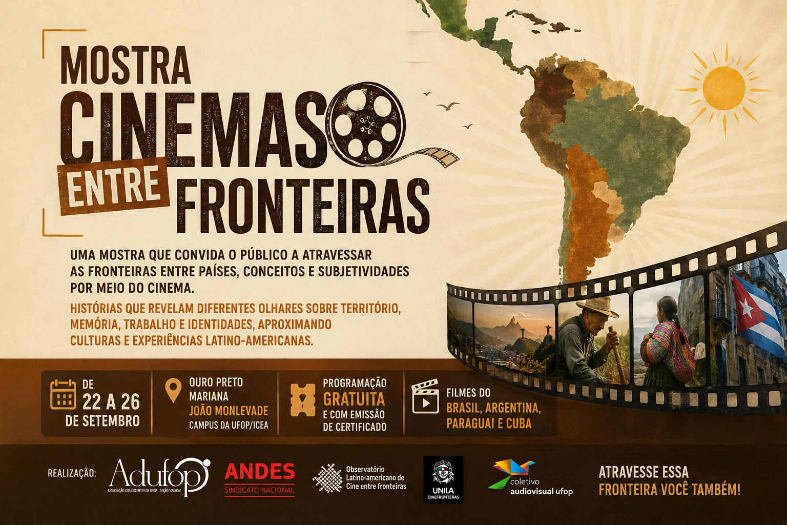 Arte produzida pelo O Fato News para ilustrar a Mostra Cinemas Entre Fronteiras, que será realizada na UFOP em João Monlevade entre os dias 22 e 26 de setembro de 2026.