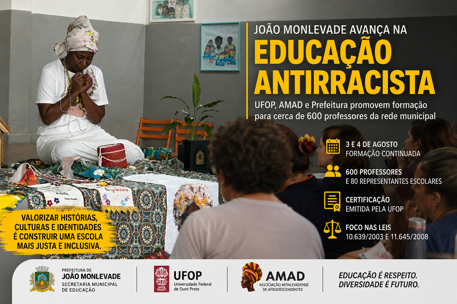 Professora participa de atividade sobre cultura afro-brasileira durante ação de formação para educação das relações étnico-raciais em João Monlevade.