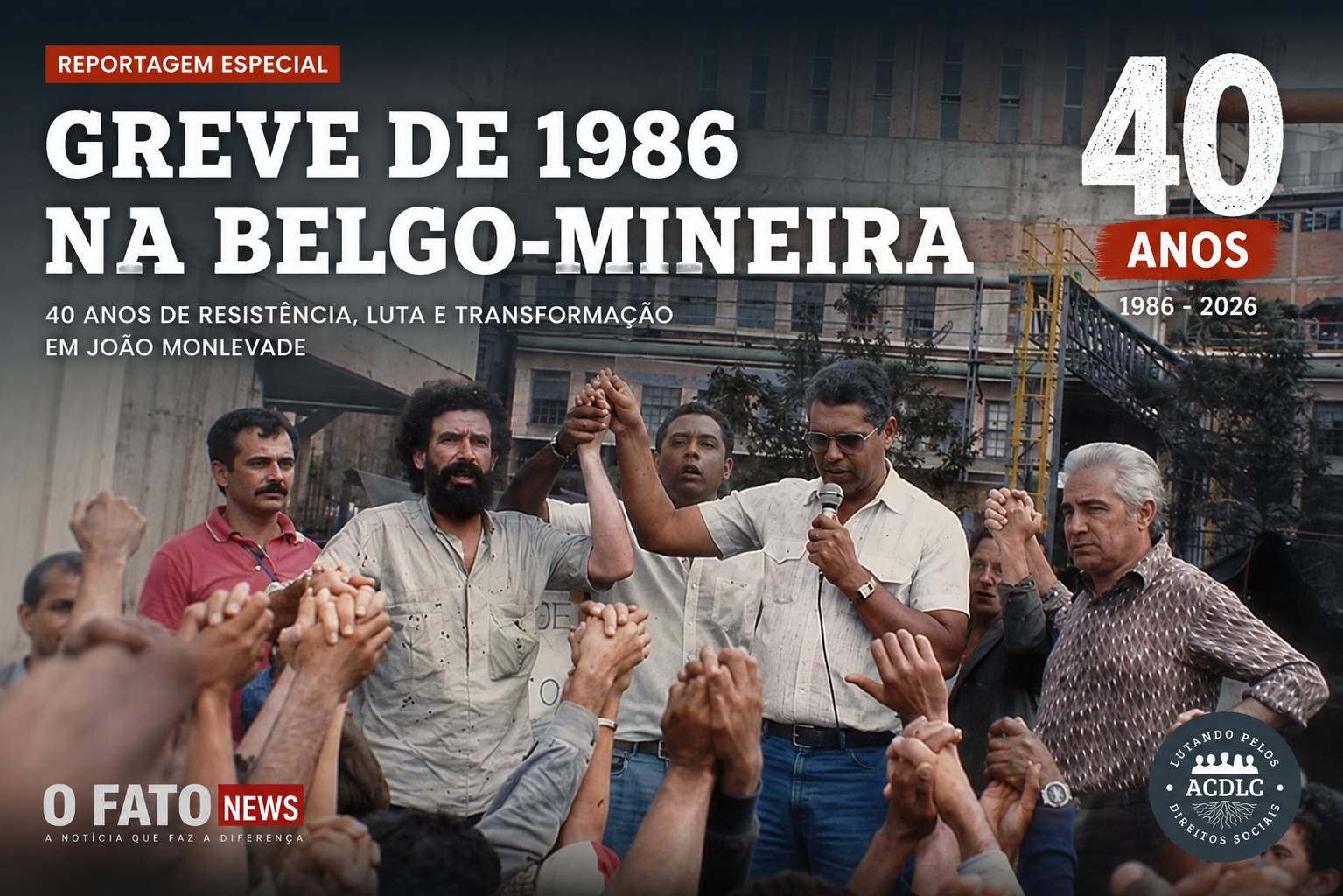 Assembleia de trabalhadores durante a Greve da Belgo-Mineira de 1986 em João Monlevade, utilizada na reportagem especial de 40 anos do O Fato News.