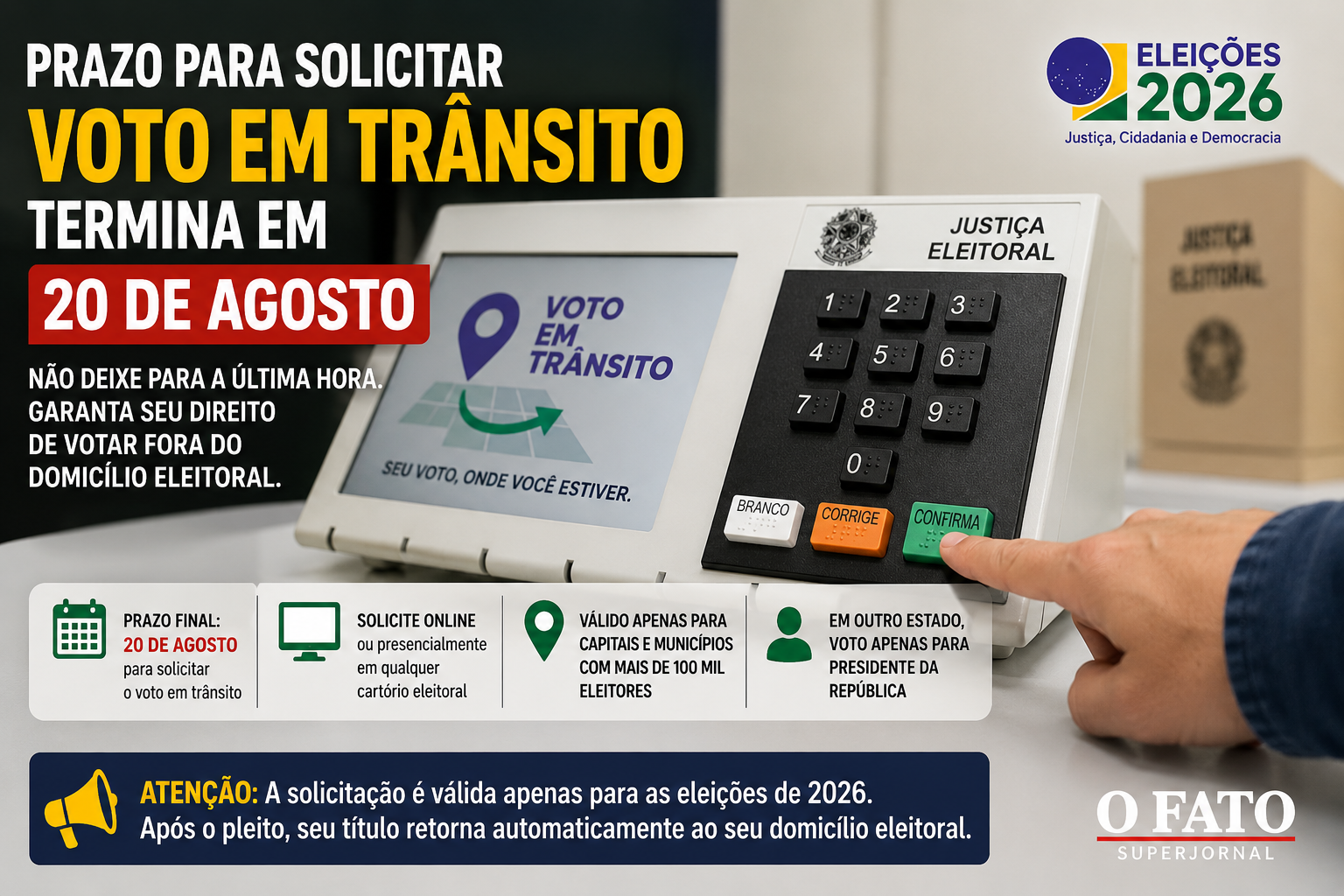 Urna eletrônica utilizada durante as eleições brasileiras em arte ilustrativa sobre o prazo para solicitar o voto em trânsito nas eleições de 2026.