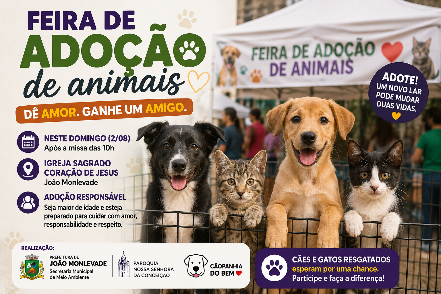 Cães e gatos disponíveis para adoção durante feira promovida pela Prefeitura de João Monlevade.