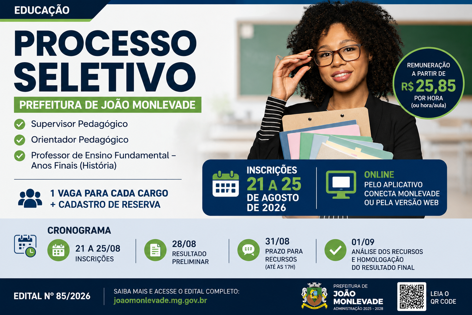 Processo seletivo da Educação em João Monlevade oferece vagas para supervisor, orientador e professor de História