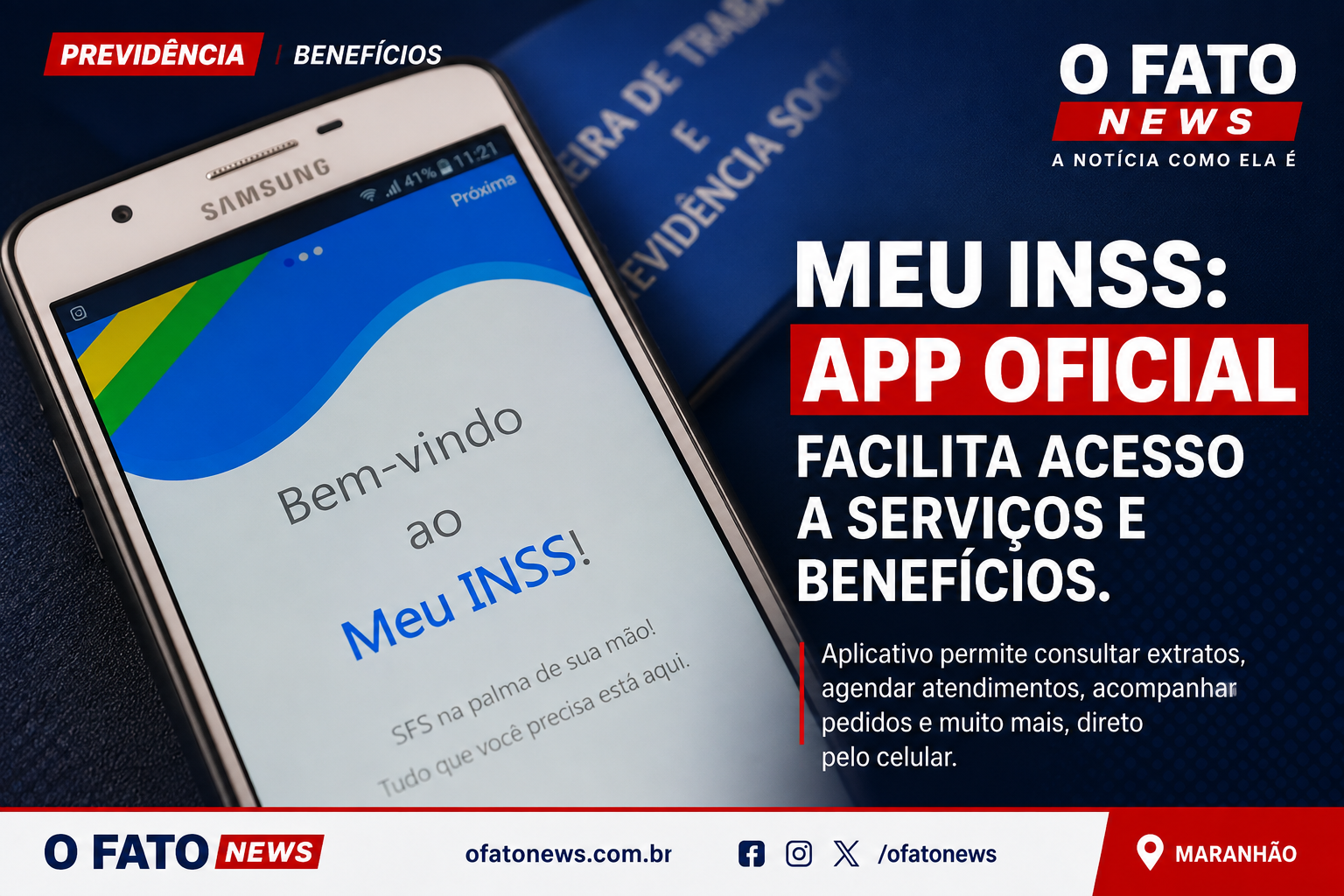 Celular com aplicativo Meu INSS em imagem sobre revisão de benefícios do INSS em 2026.