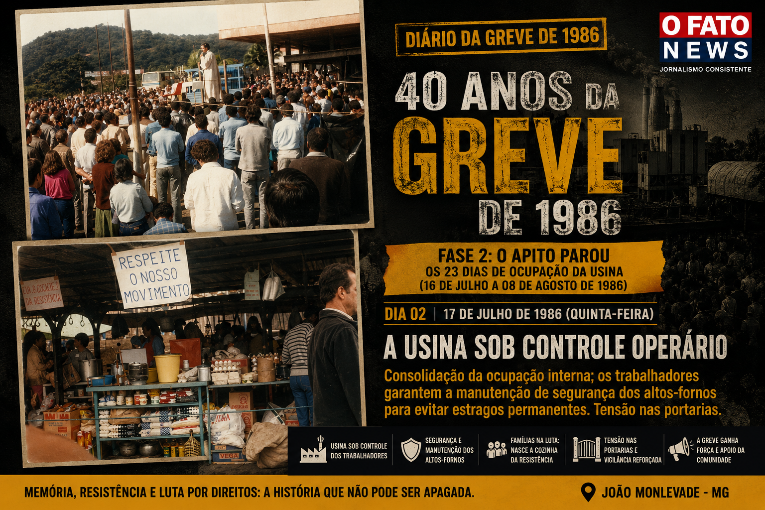 Arte da série especial do O Fato News sobre os 40 anos da Greve de 1986, mostrando assembleia de trabalhadores e a Cozinha da Resistência durante o segundo dia da ocupação da Belgo-Mineira, em João Monlevade.
