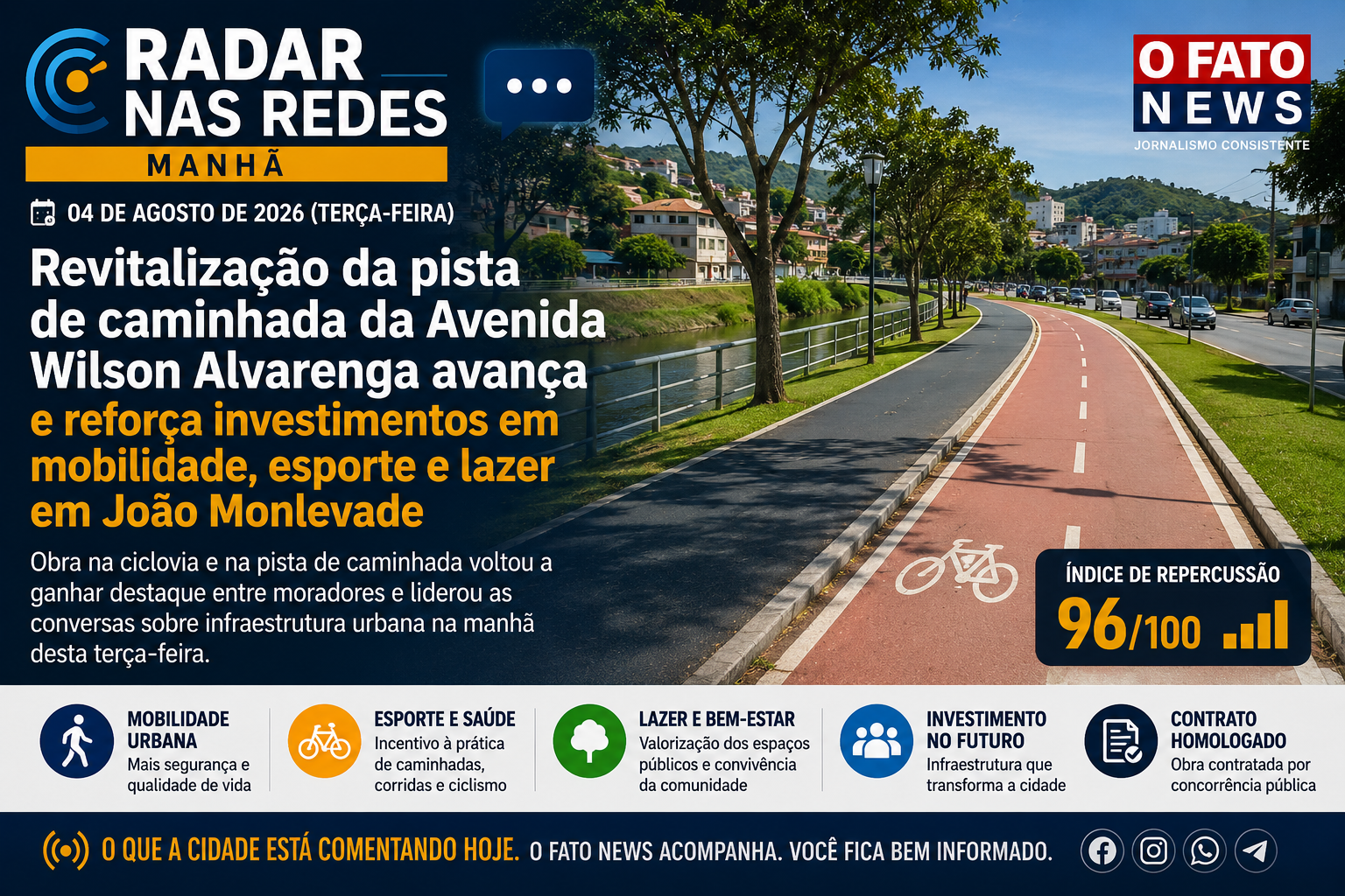 Arte do O Fato News para o Radar nas Redes da Manhã destacando a revitalização da pista de caminhada e da ciclovia da Avenida Wilson Alvarenga, em João Monlevade.