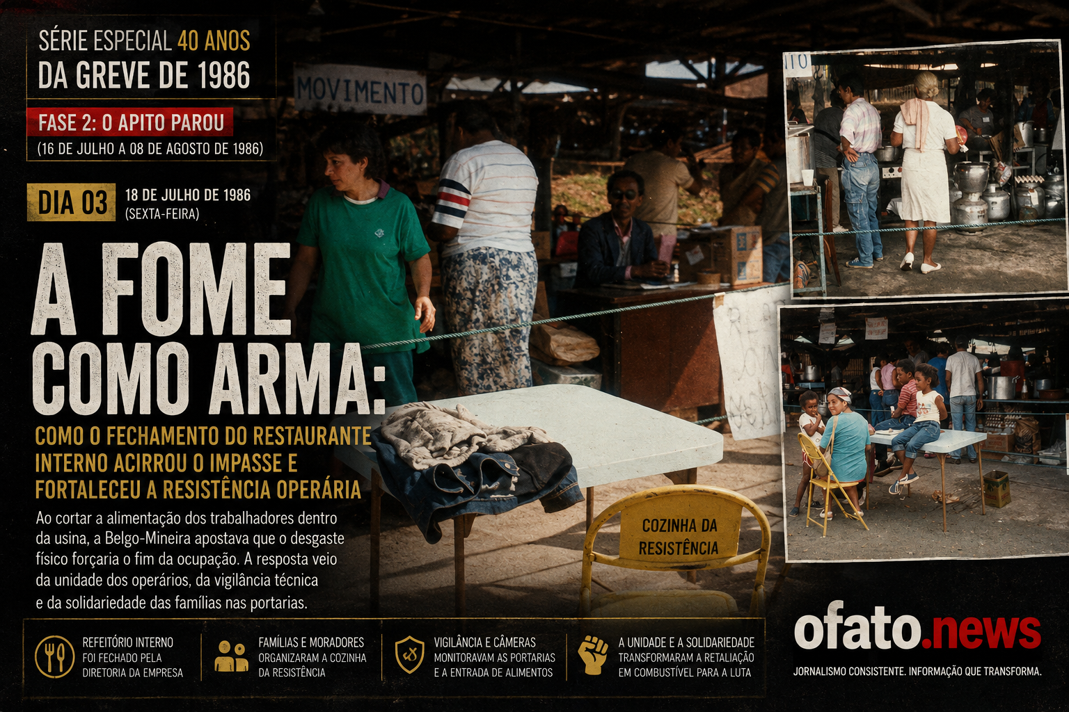 Cozinha da Resistência organizada por familiares de metalúrgicos durante a Greve da Belgo-Mineira de 1986 em João Monlevade, tema do Dia 04 da Série Especial 40 Anos da Greve de 1986.