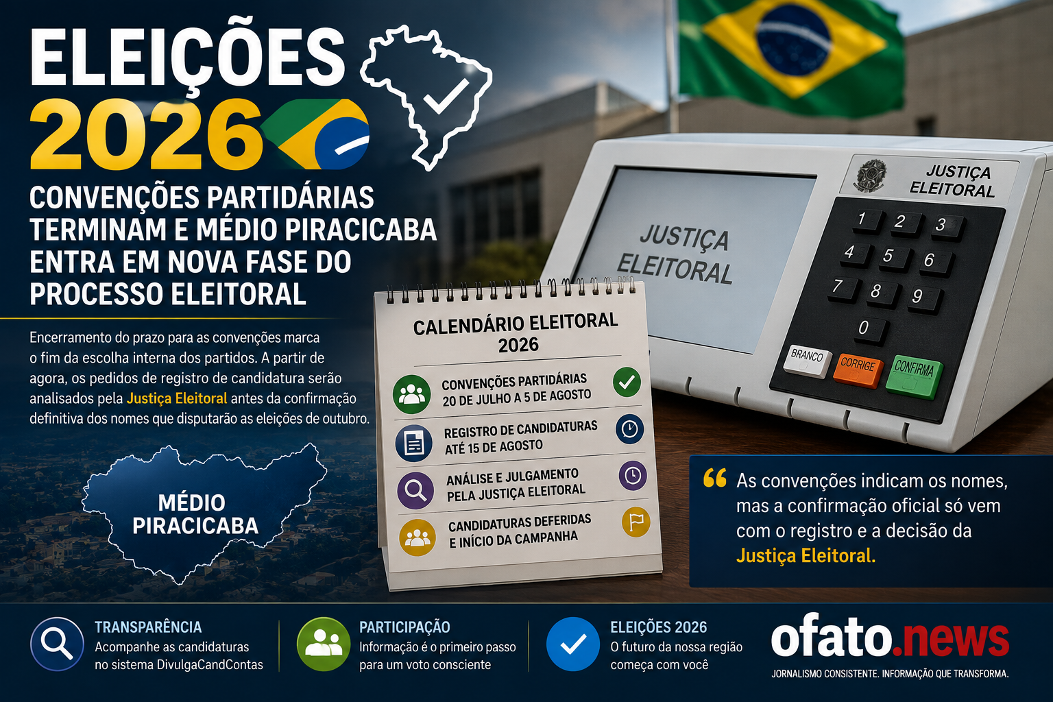 Arte jornalística do O Fato News sobre as Eleições 2026 mostrando uma urna eletrônica, calendário eleitoral e elementos visuais da Justiça Eleitoral. A imagem destaca o encerramento das convenções partidárias e o início da fase de registro das candidaturas no Médio Piracicaba.