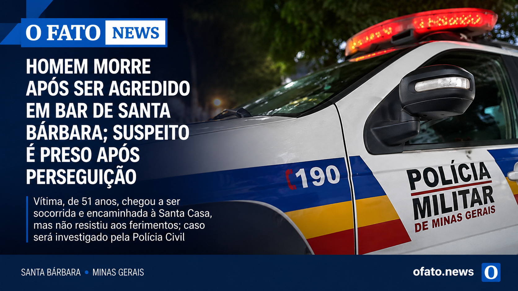 Viatura da Polícia Militar durante atendimento à ocorrência de homicídio no bairro São Bernardo, em Santa Bárbara.