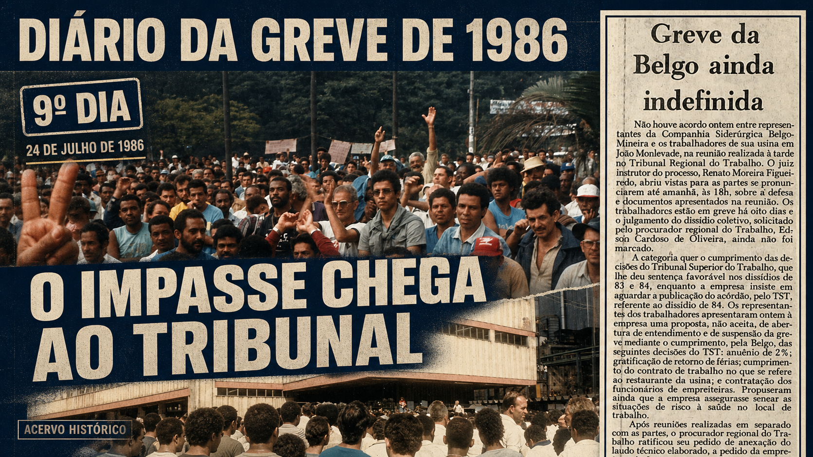 Montagem do 9º dia da Greve de 1986 em João Monlevade reúne trabalhadores diante da usina e recorte do Estado de Minas de 24 de julho de 1986