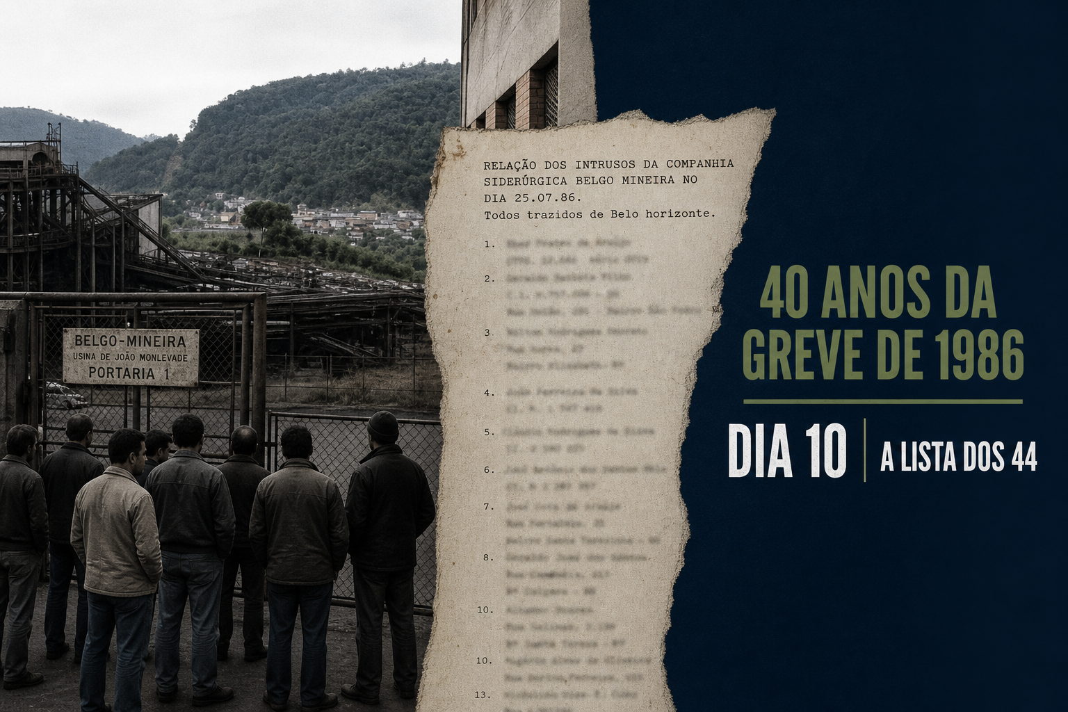 Montagem do 10º dia da Greve de 1986 mostra portaria da Belgo-Mineira e documento sindical sobre 44 pessoas trazidas de Belo Horizonte