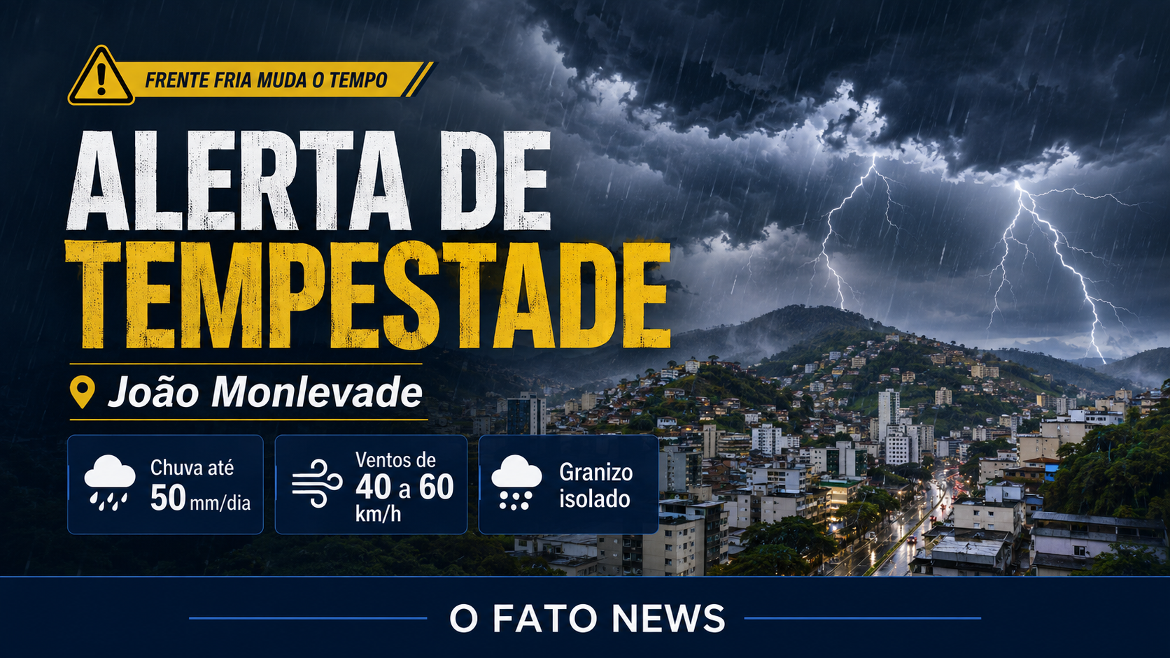 Alerta de tempestade João Monlevade com previsão de chuva forte, ventos de até 60 km/h e granizo isolado