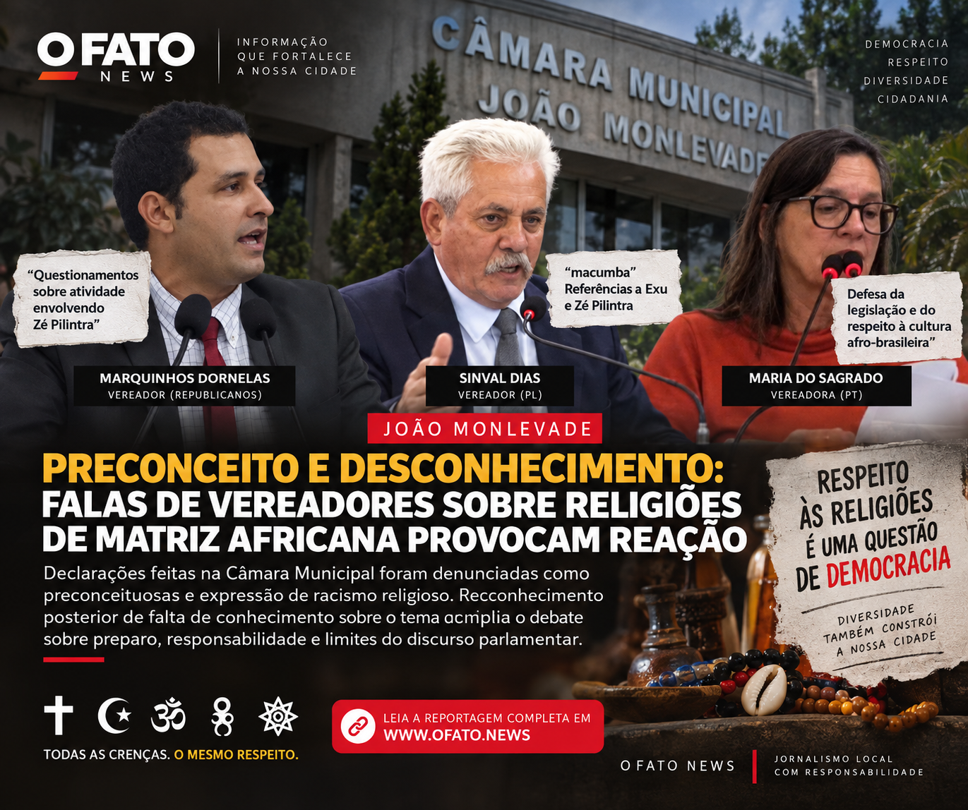 Vereadores Marquinhos Dornelas, Sinval Dias e Maria do Sagrado em reportagem sobre preconceito religioso na Câmara de João Monlevade