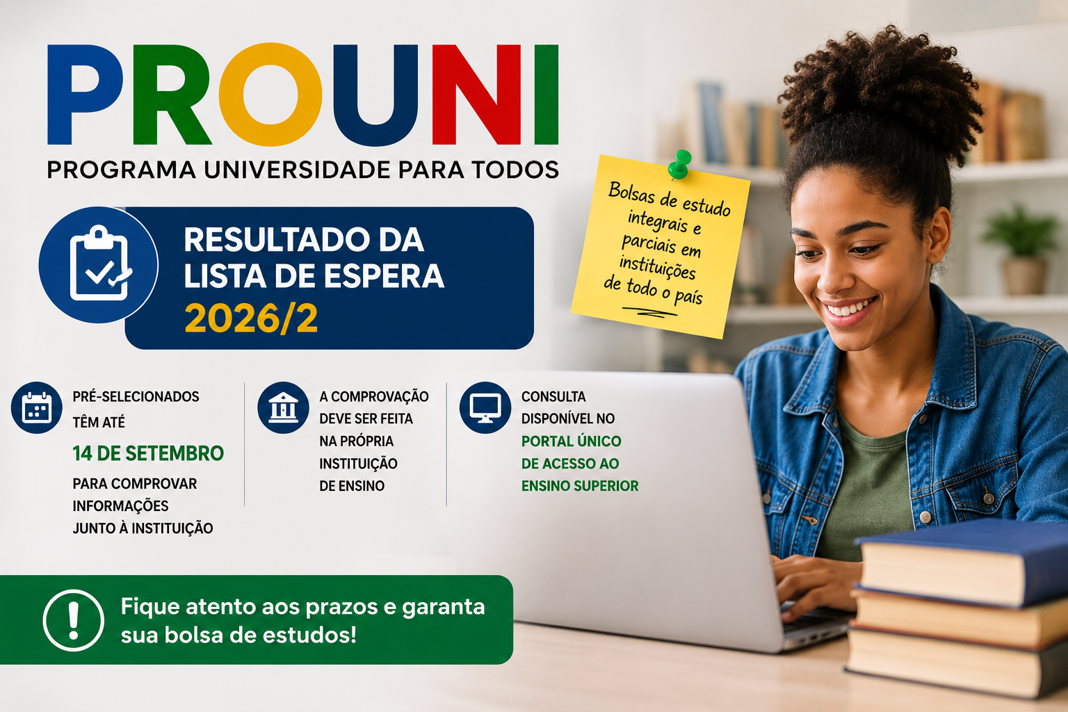 Resultado da lista de espera do Prouni 2026/2 com prazo para pré-selecionados comprovarem informações
