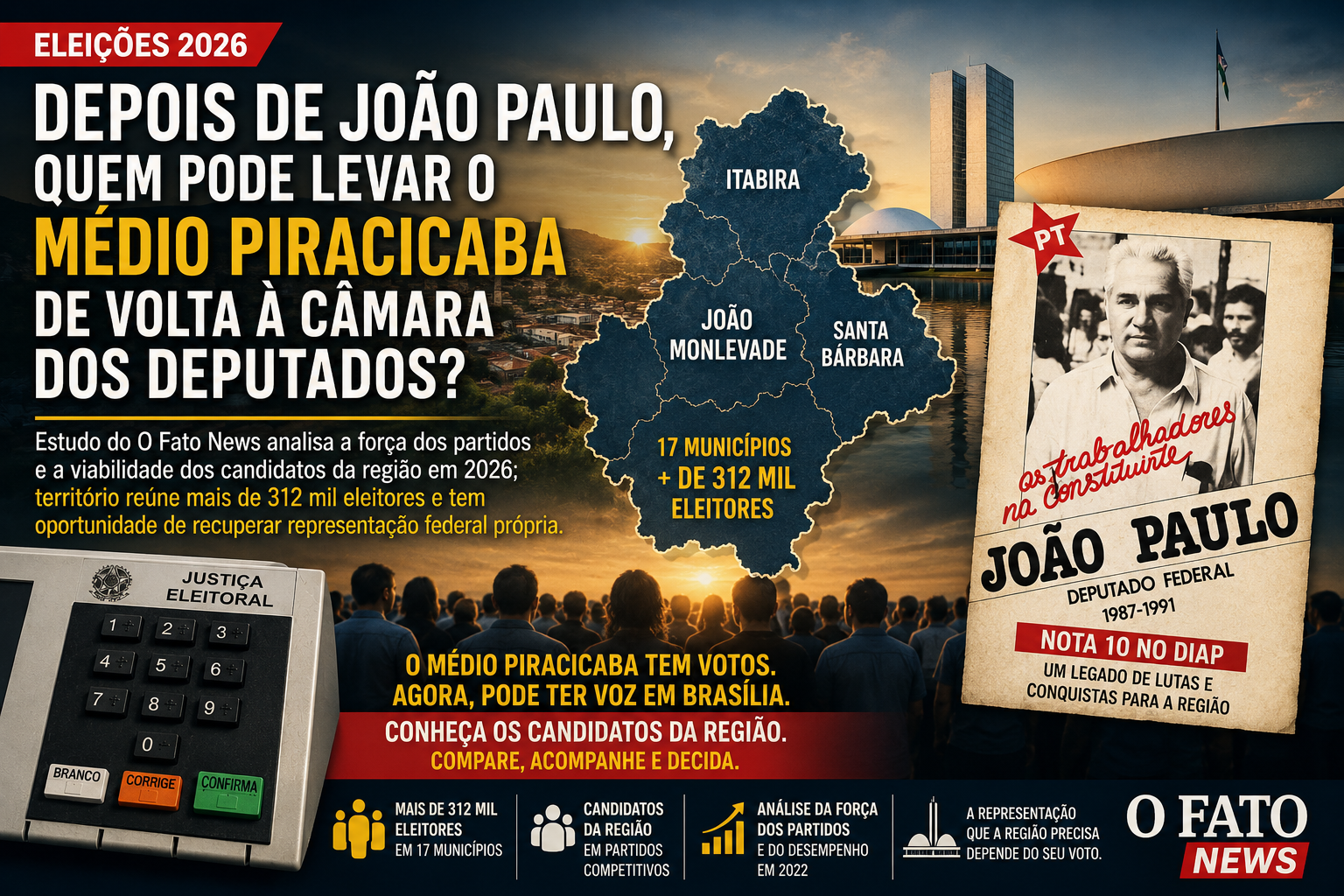 Arte sobre as Eleições 2026 e a possibilidade de o Médio Piracicaba voltar a ter representação própria na Câmara dos Deputados