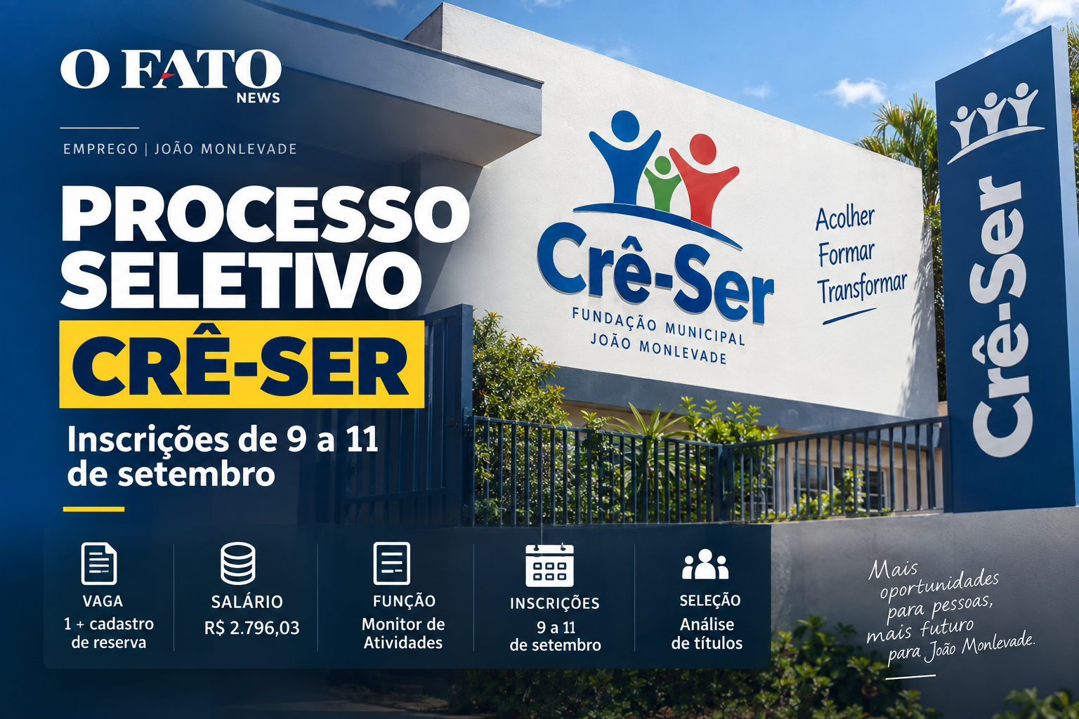 Processo seletivo Crê-Ser em João Monlevade para Monitor de Atividades