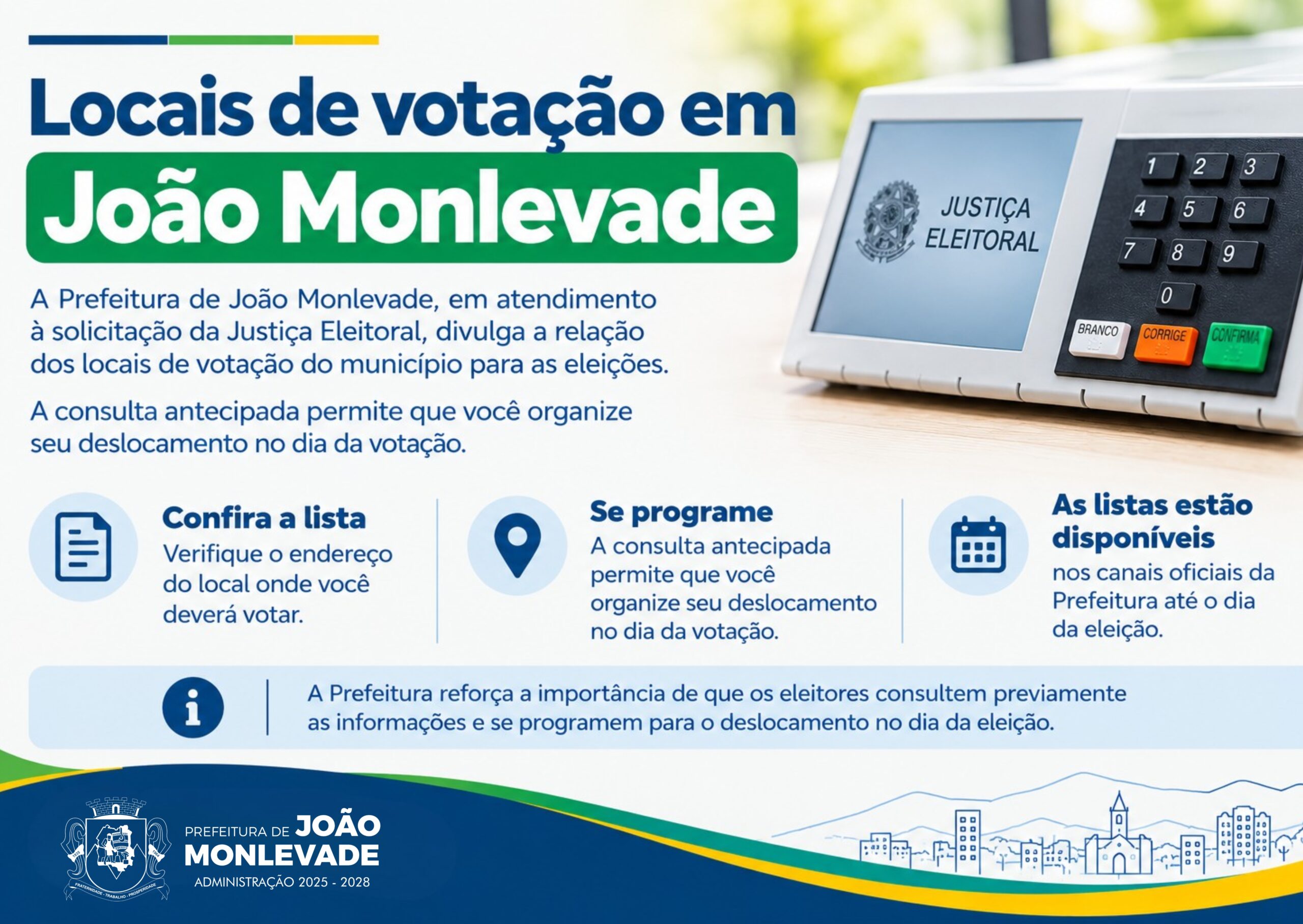 Locais de votação em João Monlevade para as Eleições 2026, divulgados pela Prefeitura a pedido da Justiça Eleitoral.