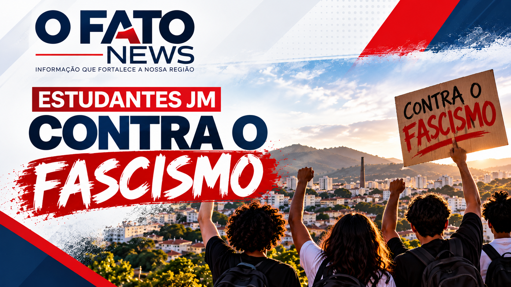 Ilustração de estudantes com punhos erguidos e cartaz contra o fascismo, com João Monlevade ao fundo.
