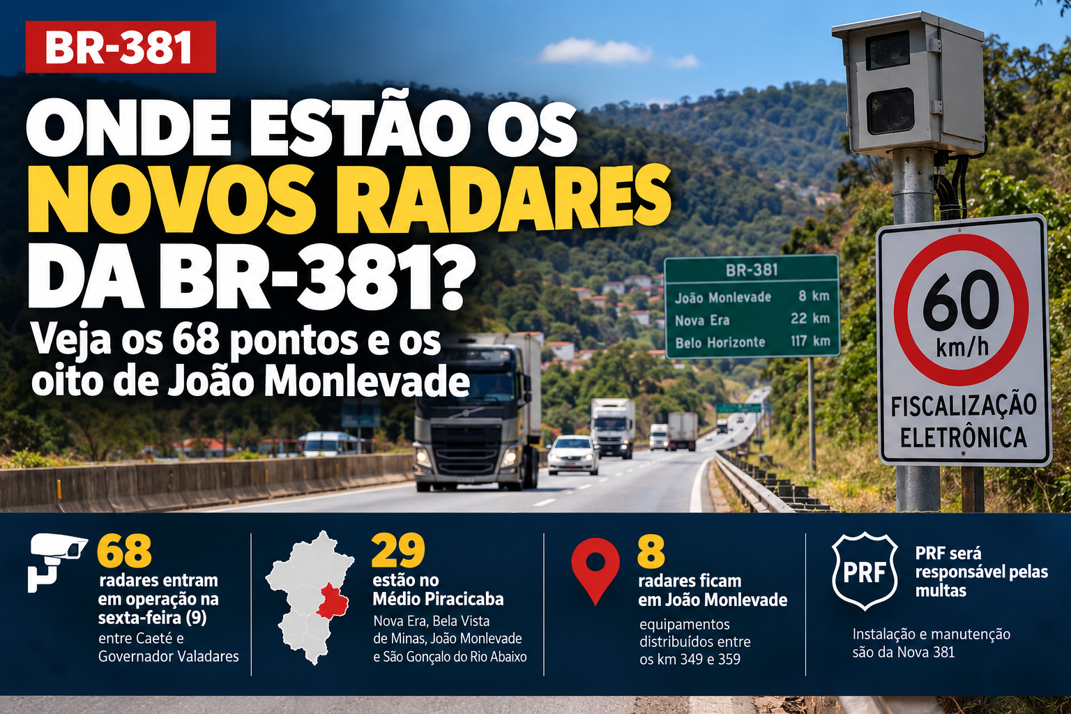 Novos radares da BR-381 com oito pontos de fiscalização em João Monlevade