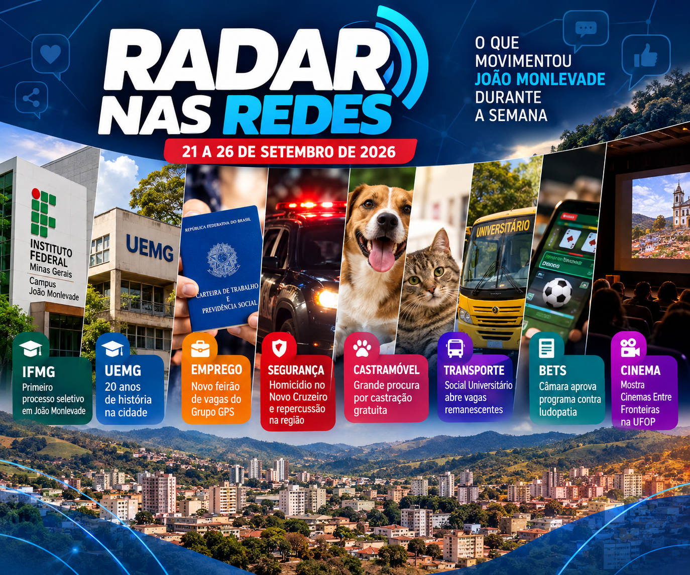 Radar nas Redes de 21 a 26 de setembro de 2026 destaca IFMG, empregos, segurança, UEMG, Castramóvel, transporte universitário, bets e cinema em João Monlevade.