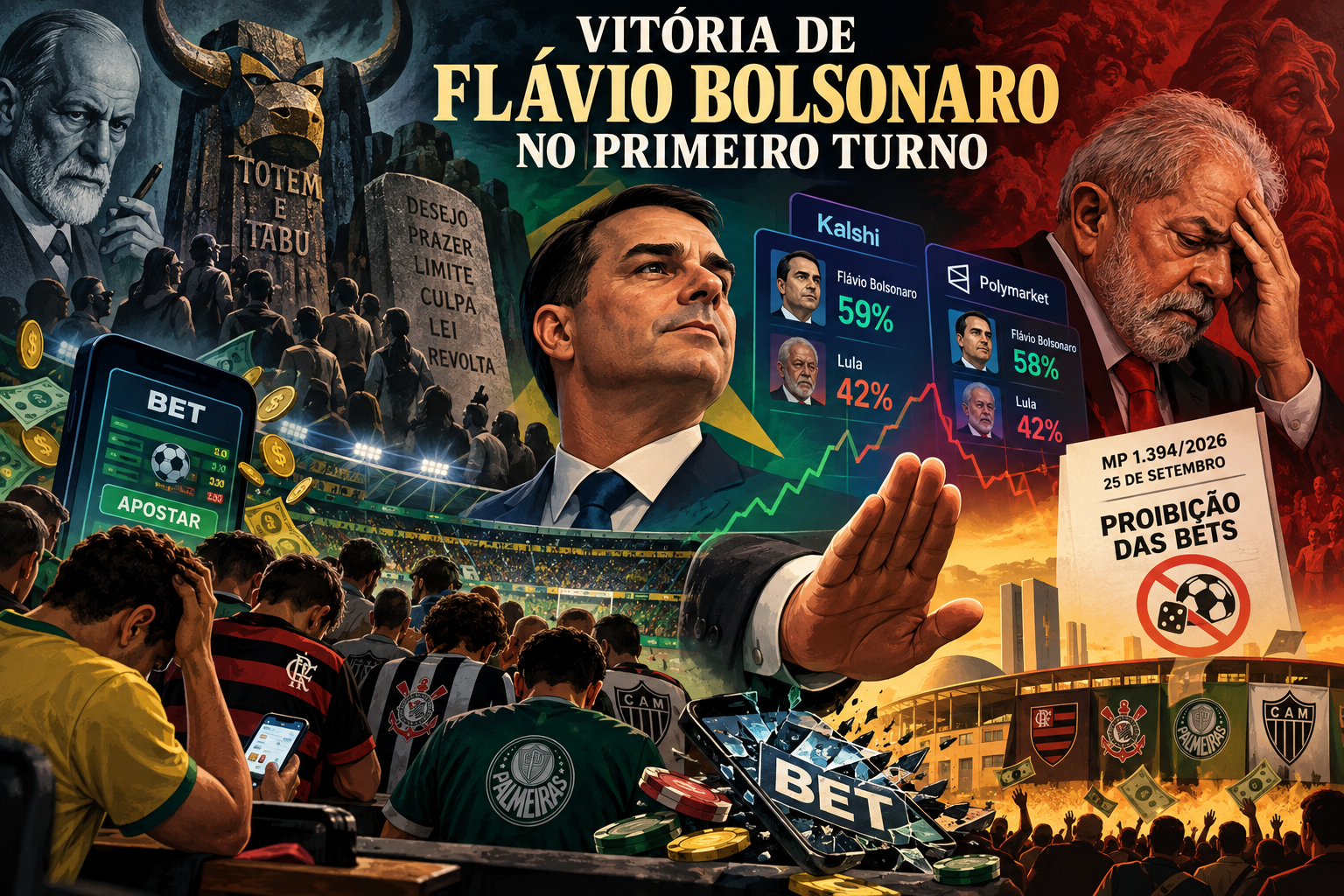 Imagem ilustrativa sobre Totem e Tabu, de Freud, aplicada à análise das eleições presidenciais de 2026 e da disputa entre Flávio Bolsonaro e Lula.